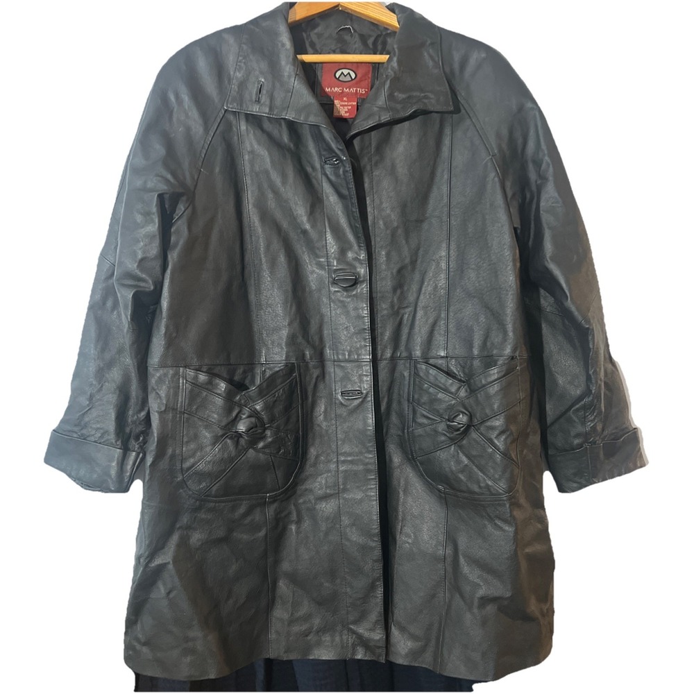 Womens‎ Black Leather Marc Mattis Trench Coat Size 1X cuffed  seaming accents